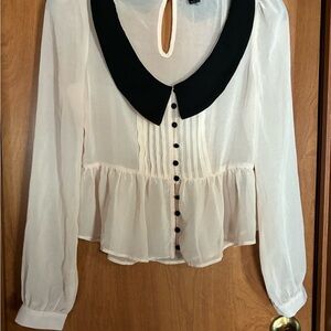 Sheer Ivory Peplum Blouse with Black Peter Pan Collar Small